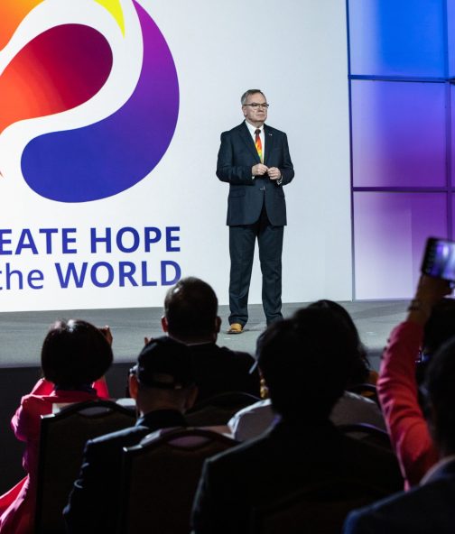 2023-24 RI President Gordon R. McInally announces his theme during the opening general session. International Assembly, 9 January 2023. Orlando, Florida, USA.